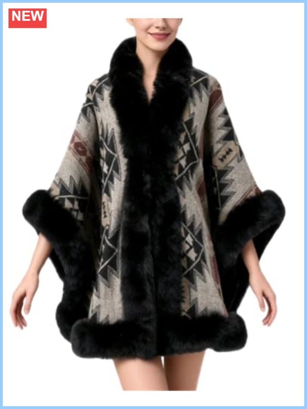 Oversized Knitted Shawl Wrap Faux Fur Trim Open Front Poncho Cape